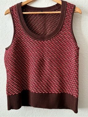 Talbots Sweater Vest Red Brown Tan Woven Angora Blend Knit Sleeveless Scoop Neck
